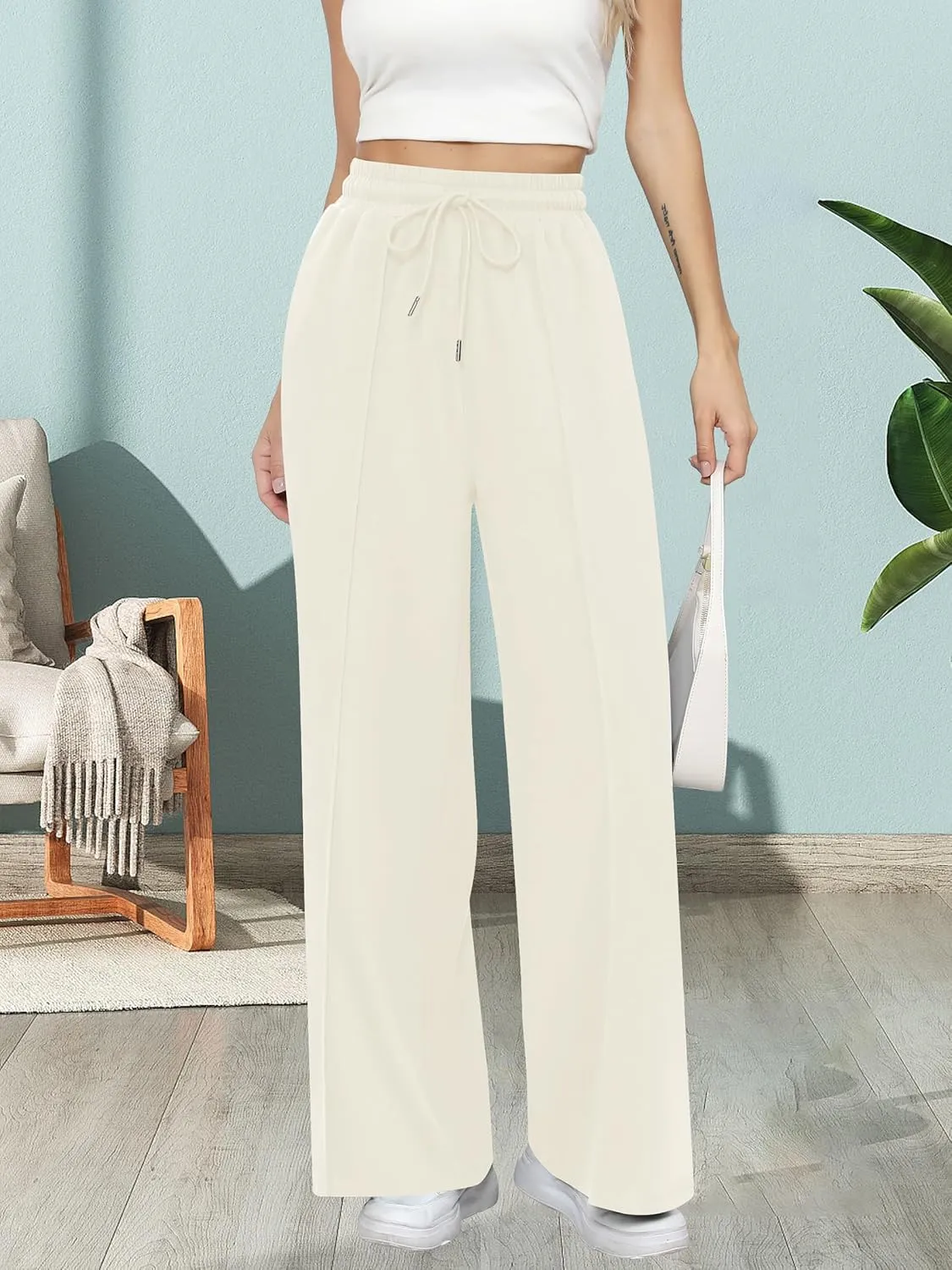Missufe Women's Elastic High Waist Wide Leg Loose Casual Pants Joggers Workout Lounge Sweatpants with Pockets
