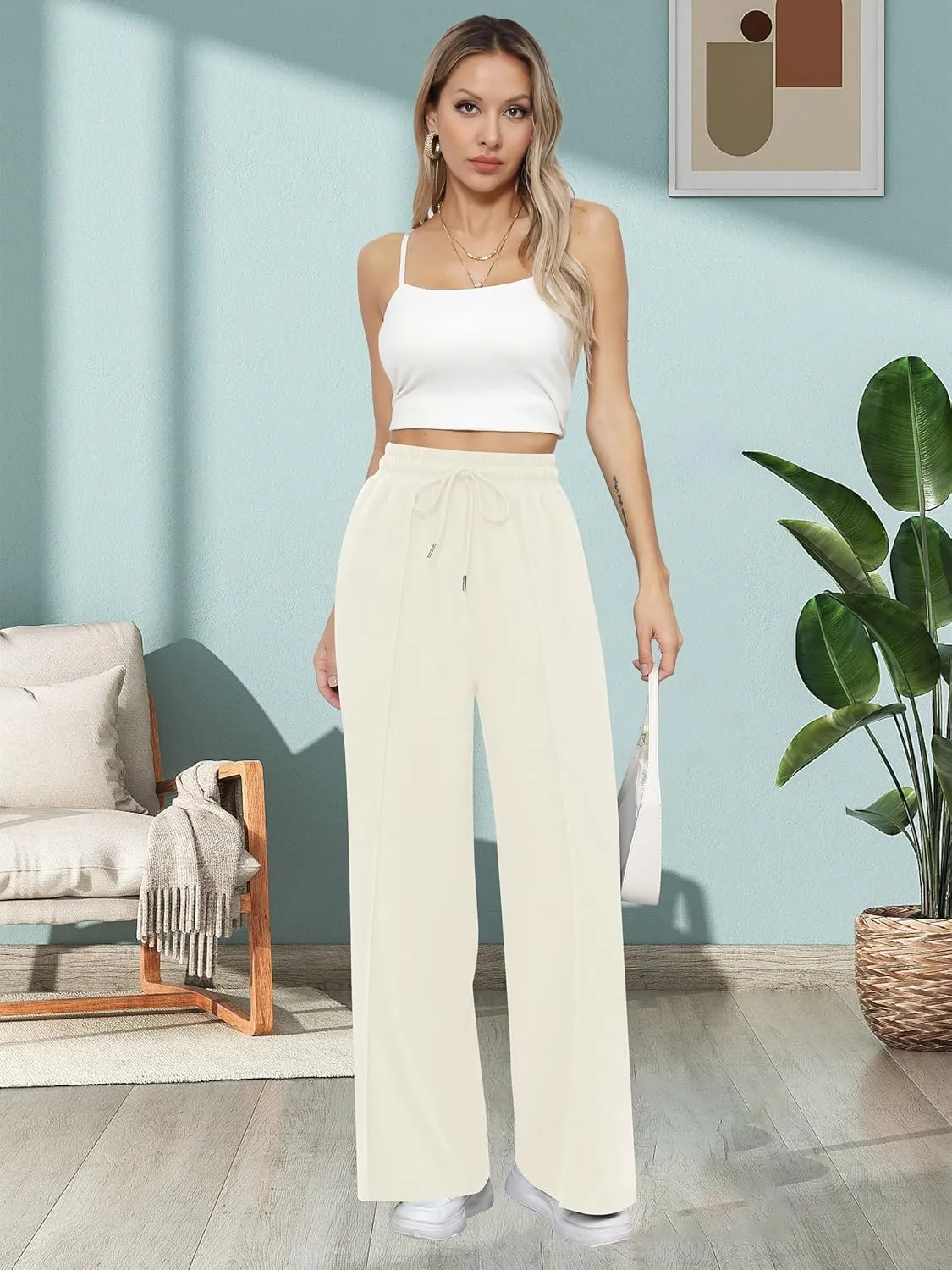 Missufe Women's Elastic High Waist Wide Leg Loose Casual Pants Joggers Workout Lounge Sweatpants with Pockets