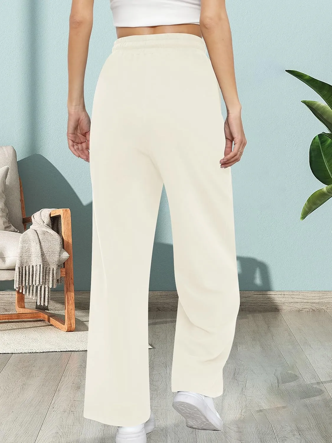 Missufe Women's Elastic High Waist Wide Leg Loose Casual Pants Joggers Workout Lounge Sweatpants with Pockets