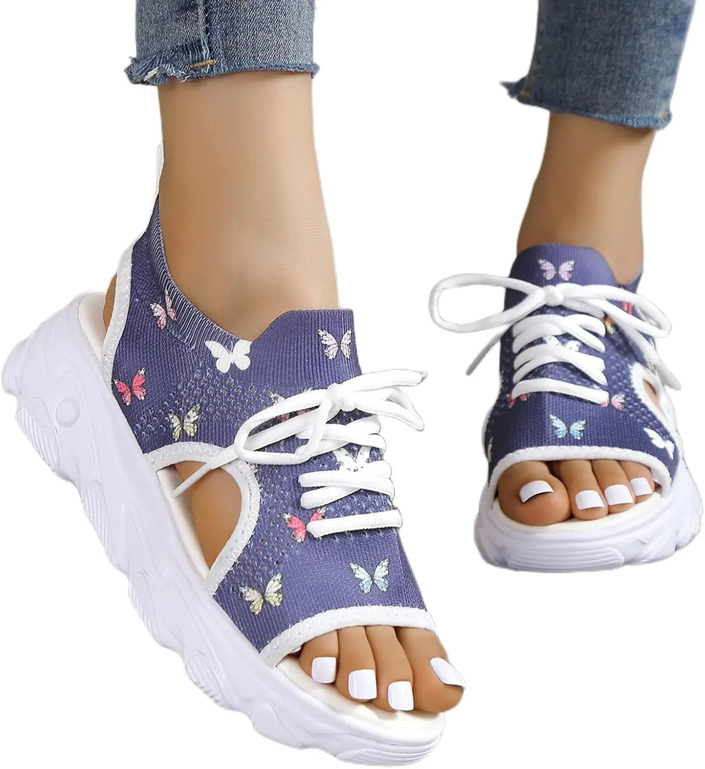 Mmoneyake Sandals for Women Open Toe Sports Sandals Hollow Out Platform Sandals Hike Easy Breathable Outdoor Slip-On Sneakers Fabric Lace Up Front Sandals Breathable Mesh Lightweight Shoes