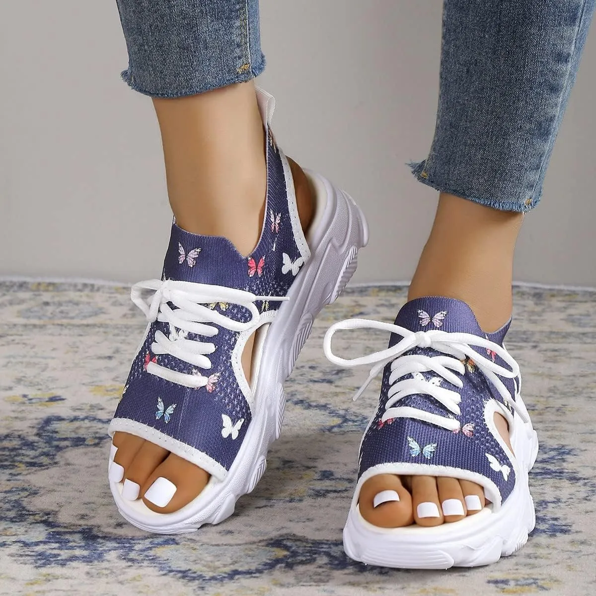 Mmoneyake Sandals for Women Open Toe Sports Sandals Hollow Out Platform Sandals Hike Easy Breathable Outdoor Slip-On Sneakers Fabric Lace Up Front Sandals Breathable Mesh Lightweight Shoes