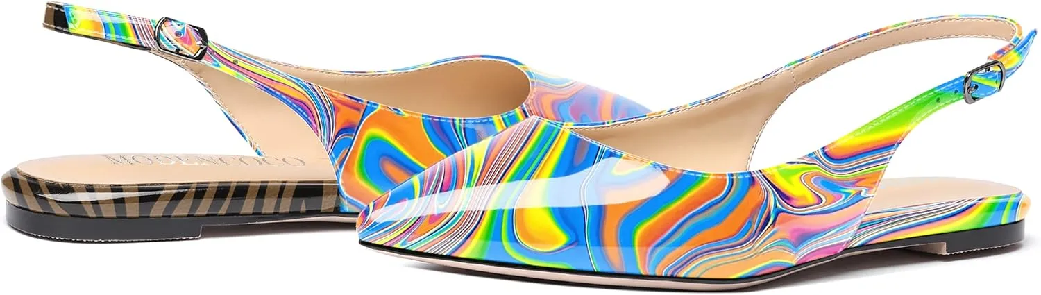 MODENCOCO Women's Pointed Toe Patent Slingback Dating Casual Flats Sandals