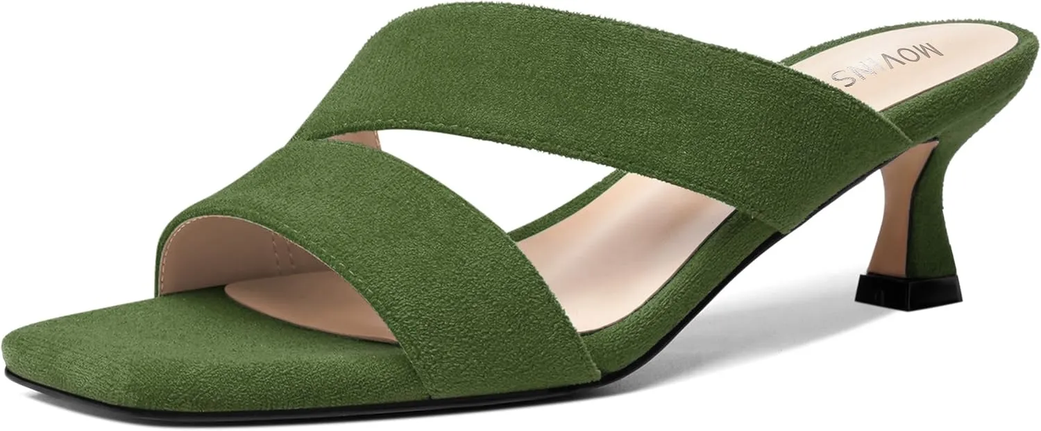 MOVINSTEPS Womens Indoor Slip On Dress Solid Suede Square Toe Kitten Low Heel Sandals 2 Inch
