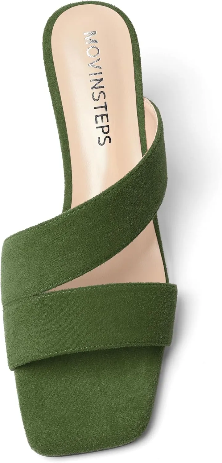 MOVINSTEPS Womens Indoor Slip On Dress Solid Suede Square Toe Kitten Low Heel Sandals 2 Inch