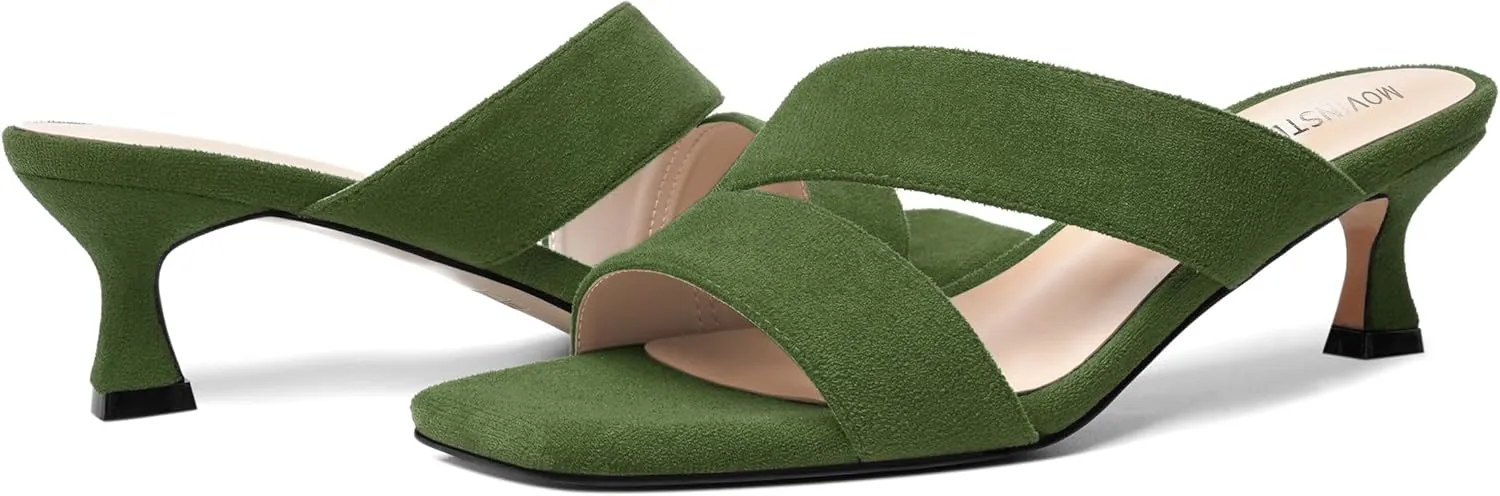 MOVINSTEPS Womens Indoor Slip On Dress Solid Suede Square Toe Kitten Low Heel Sandals 2 Inch