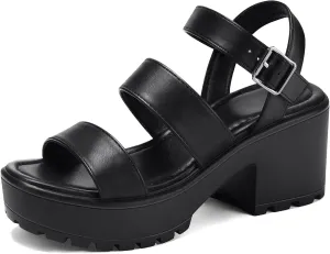 mysoft Women's Platform Sandals Ankle Strap Open Toe Lug Sole 3 Inch Chunky Block Heeled Sandals