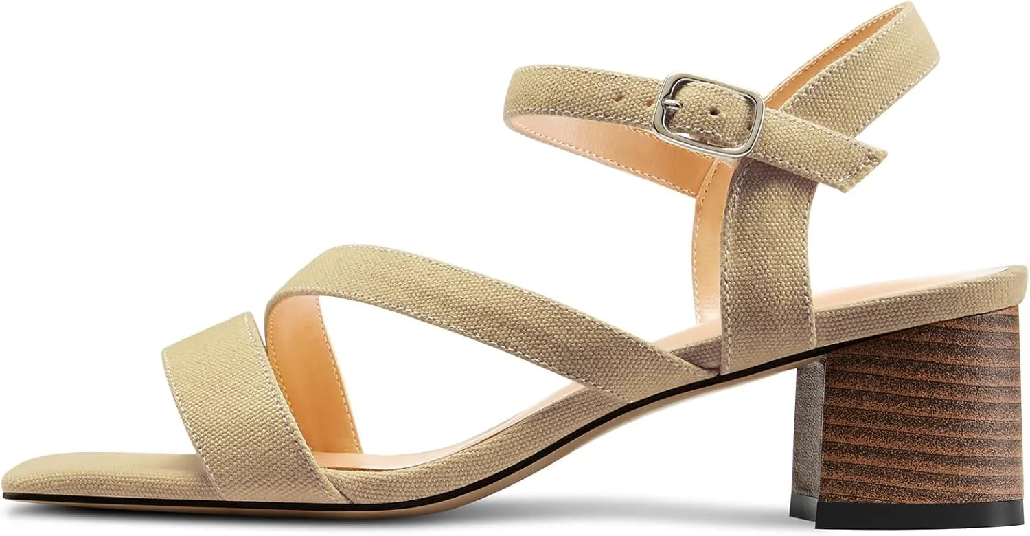 NobleOnly Womens Mid Block Heel Open Toe Ankle Strap Buckle Sandals Casual Office Dress Denim Summer Shoes 2.0 Inches Heels