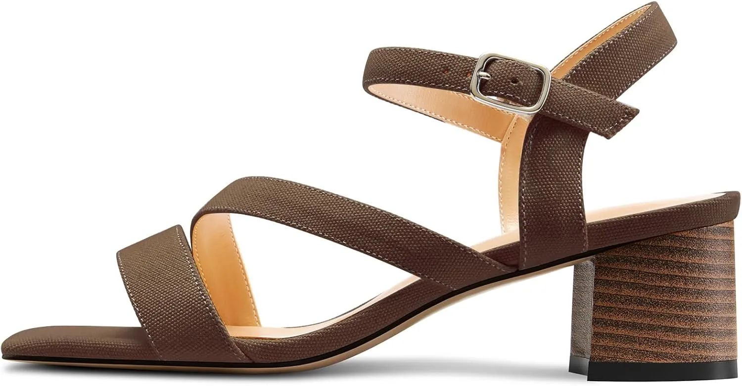 NobleOnly Womens Mid Block Heel Open Toe Ankle Strap Buckle Sandals Casual Office Dress Denim Summer Shoes 2.0 Inches Heels