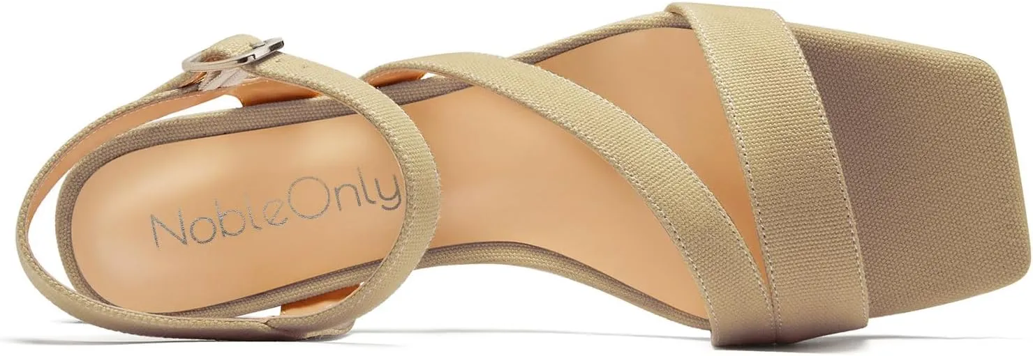 NobleOnly Womens Mid Block Heel Open Toe Ankle Strap Buckle Sandals Casual Office Dress Denim Summer Shoes 2.0 Inches Heels
