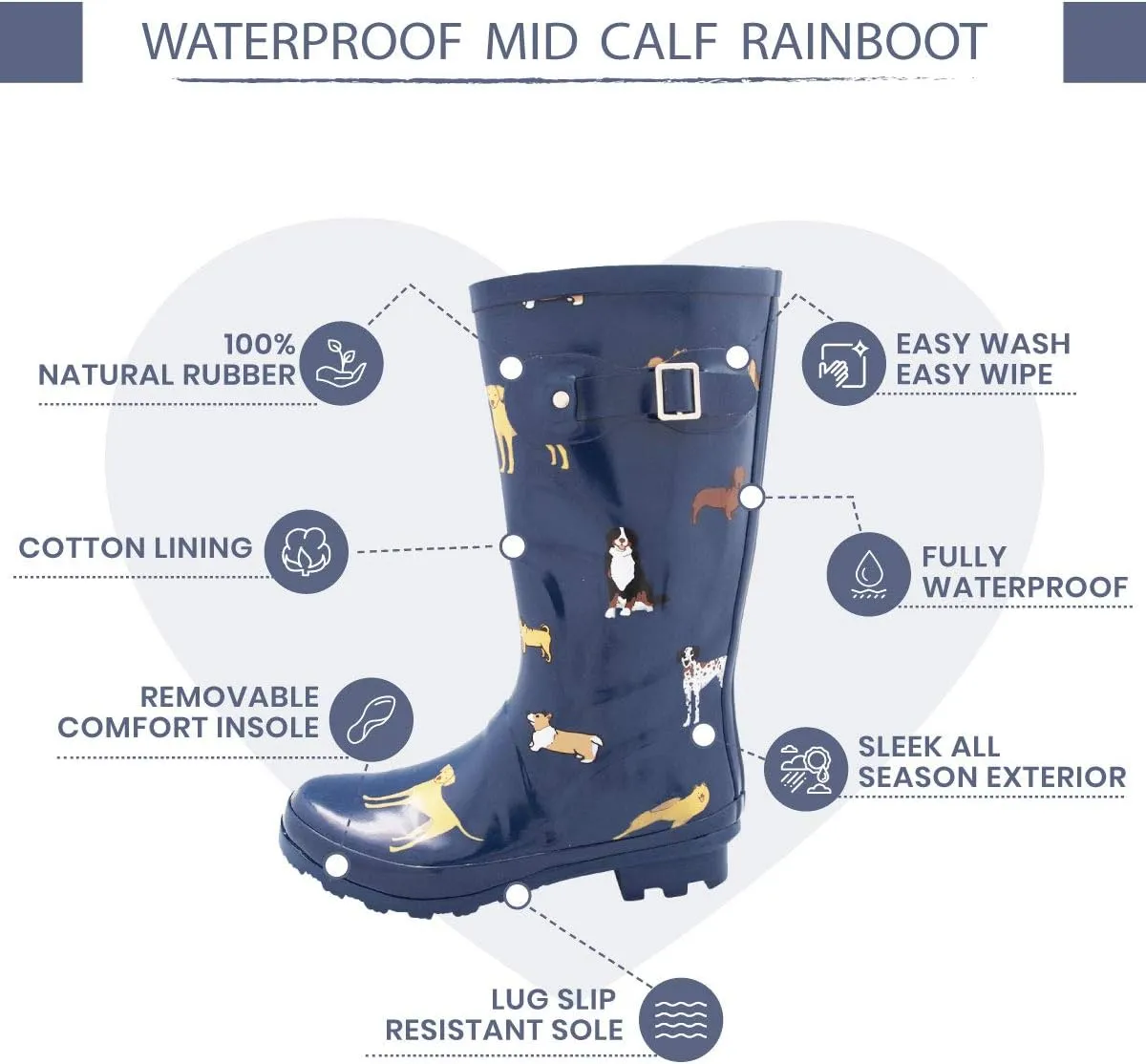 NORTY Women's Hurricane Rain Boots - Mid-Calf Length - Glossy Matte Waterproof Rubber Shoes