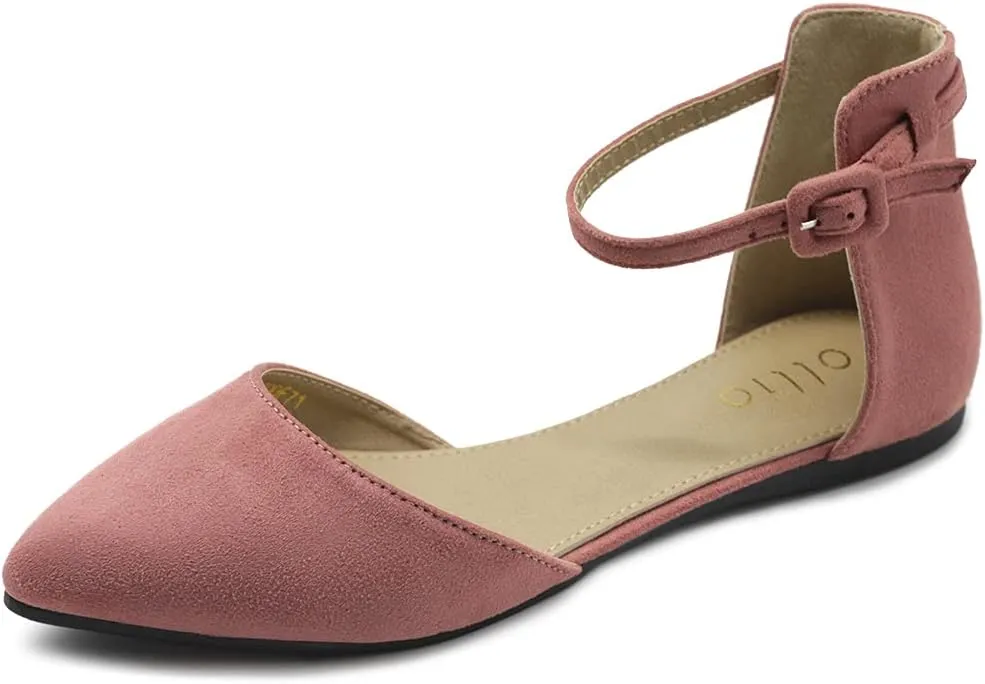 Ollio Women's Shoes Faux Suede Ankle Straps D'Orsay Pointed Toe Ballet Flats