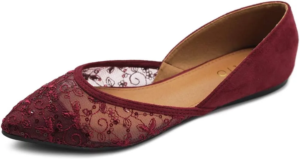 Ollio Women's Shoes Faux Suede Floral Mesh Lace Breathables Pointed Toe Ballet Flats F90