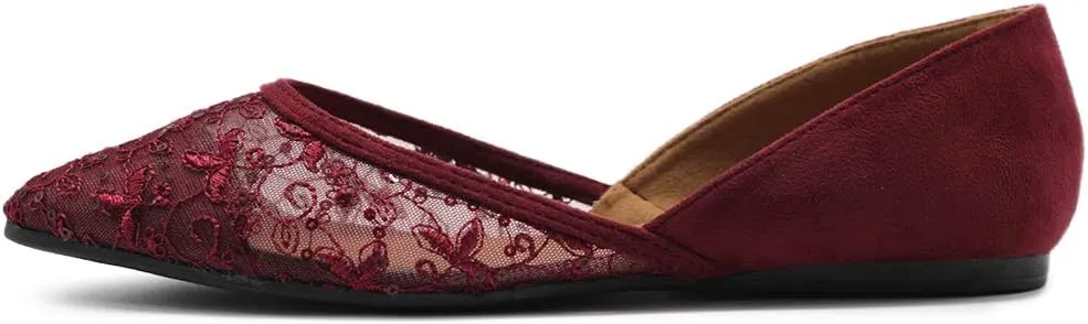 Ollio Women's Shoes Faux Suede Floral Mesh Lace Breathables Pointed Toe Ballet Flats F90