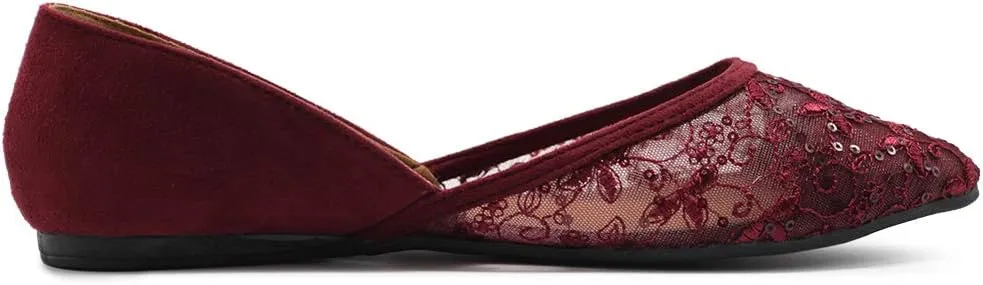 Ollio Women's Shoes Faux Suede Floral Mesh Lace Breathables Pointed Toe Ballet Flats F90