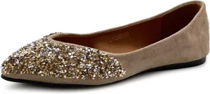 Ollio Women's Shoes Faux Suede Rhinestone Studded Pointed Toe Ballet Flats F206