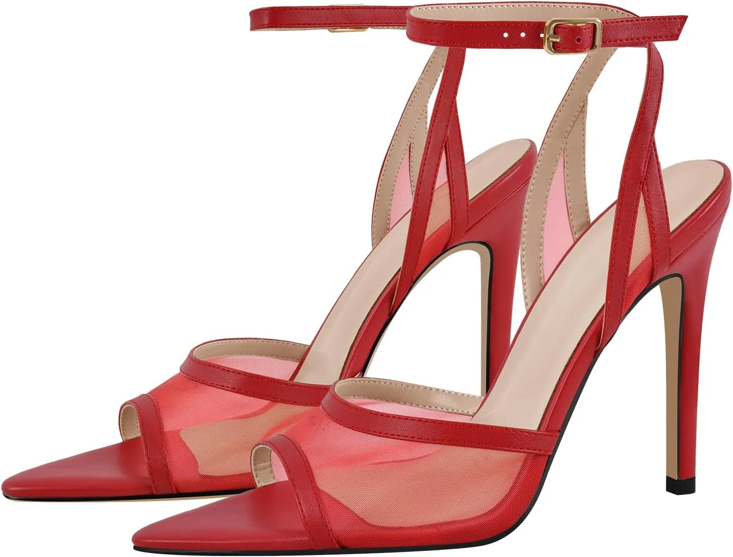 onlymaker Women's Sexy Peep Toe Fishnet Mesh Ankle Sandals Point Toe Cross Buckle Strappy Open-back Stiletto High Heel Sandals