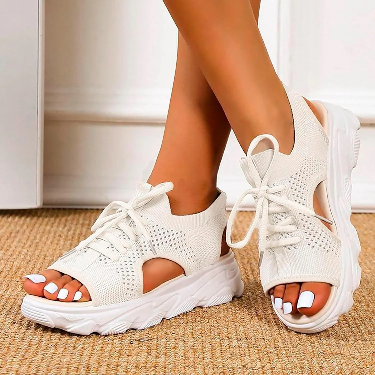 Open Toe Tennis Shoes, Contrast Paneled Cutout Lace-Up Muffin Sandals, Women Causal Summer Toe Platform Sneaker Sandals