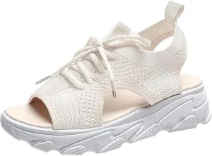 Open Toe Tennis Shoes, Contrast Paneled Cutout Lace-Up Muffin Sandals, Women Causal Summer Toe Platform Sneaker Sandals