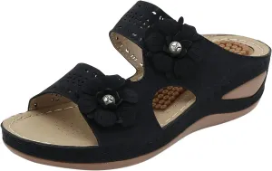 Orthopedic Sandals for Women 2025 Casual Vintage Flats Embroidered Casual Vintage Summer Slippers Hollow Outdoor Round Toe Shoes Fashion Flat Sandal Floral Cute