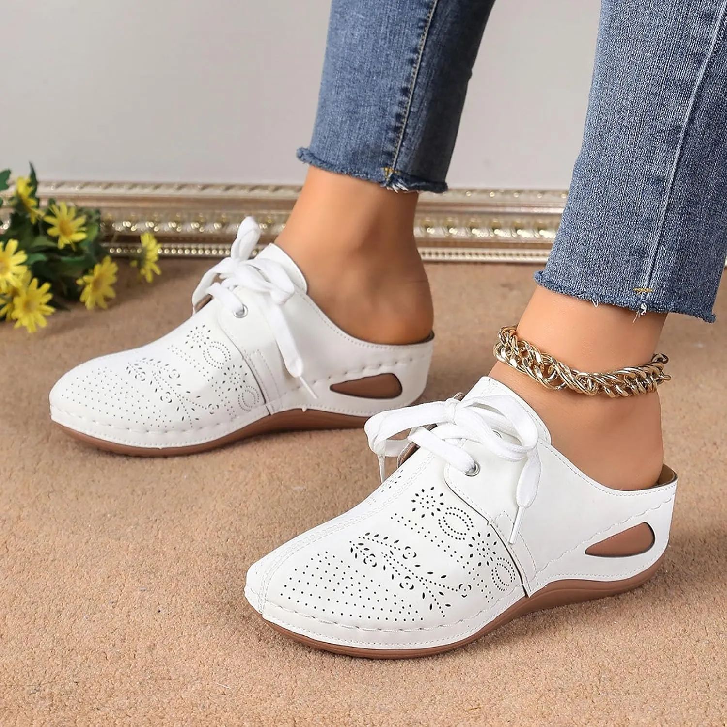 Orthopedic Sandals for Women Closed Toe Slippers for Women Wedge Solid Color Strap Tie Fashion Slip On Slides Slippers