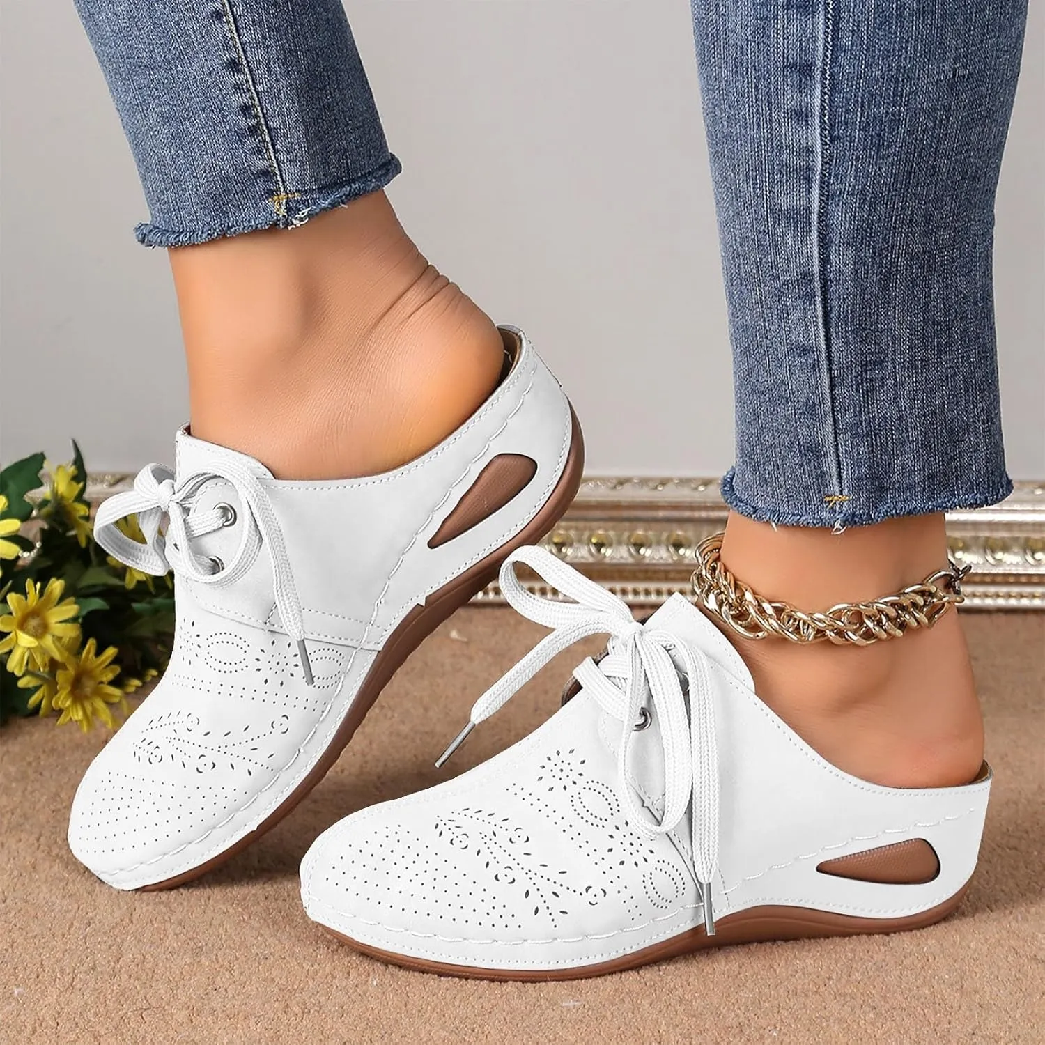 Orthopedic Sandals for Women Closed Toe Slippers for Women Wedge Solid Color Strap Tie Fashion Slip On Slides Slippers