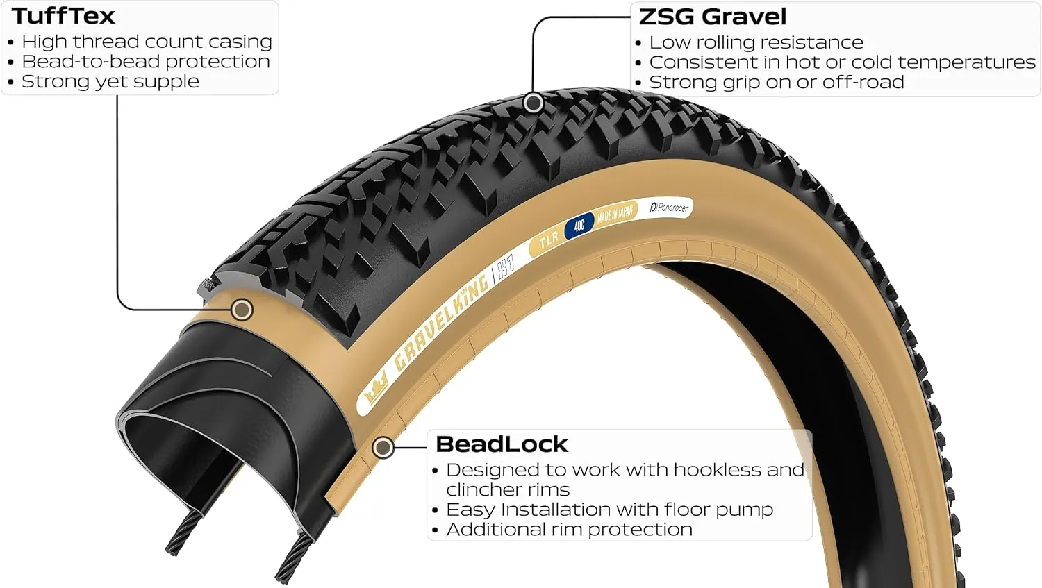 Panaracer Gravelking X1 TLR Tubeless Ready Folding Tyre - ZSG Gravel Compound -Puncture Resistant - Beadlock Technology - 120Tpi TuffTex Casing - Gravel Cycling Tyre