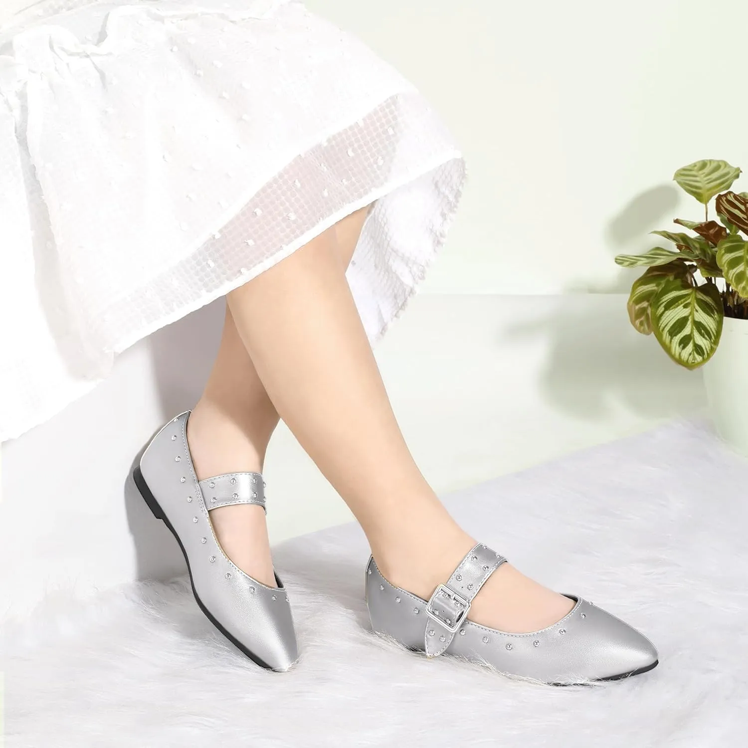 PANDANINJIA Girls Dress Shoes Studded Mary Jane Ballet Flats for Girl Pointed Toe Little Big Kid Flower Girl Party Formal Wedding Shoes