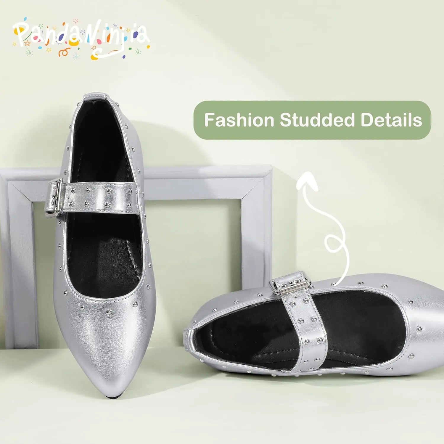 PANDANINJIA Girls Dress Shoes Studded Mary Jane Ballet Flats for Girl Pointed Toe Little Big Kid Flower Girl Party Formal Wedding Shoes