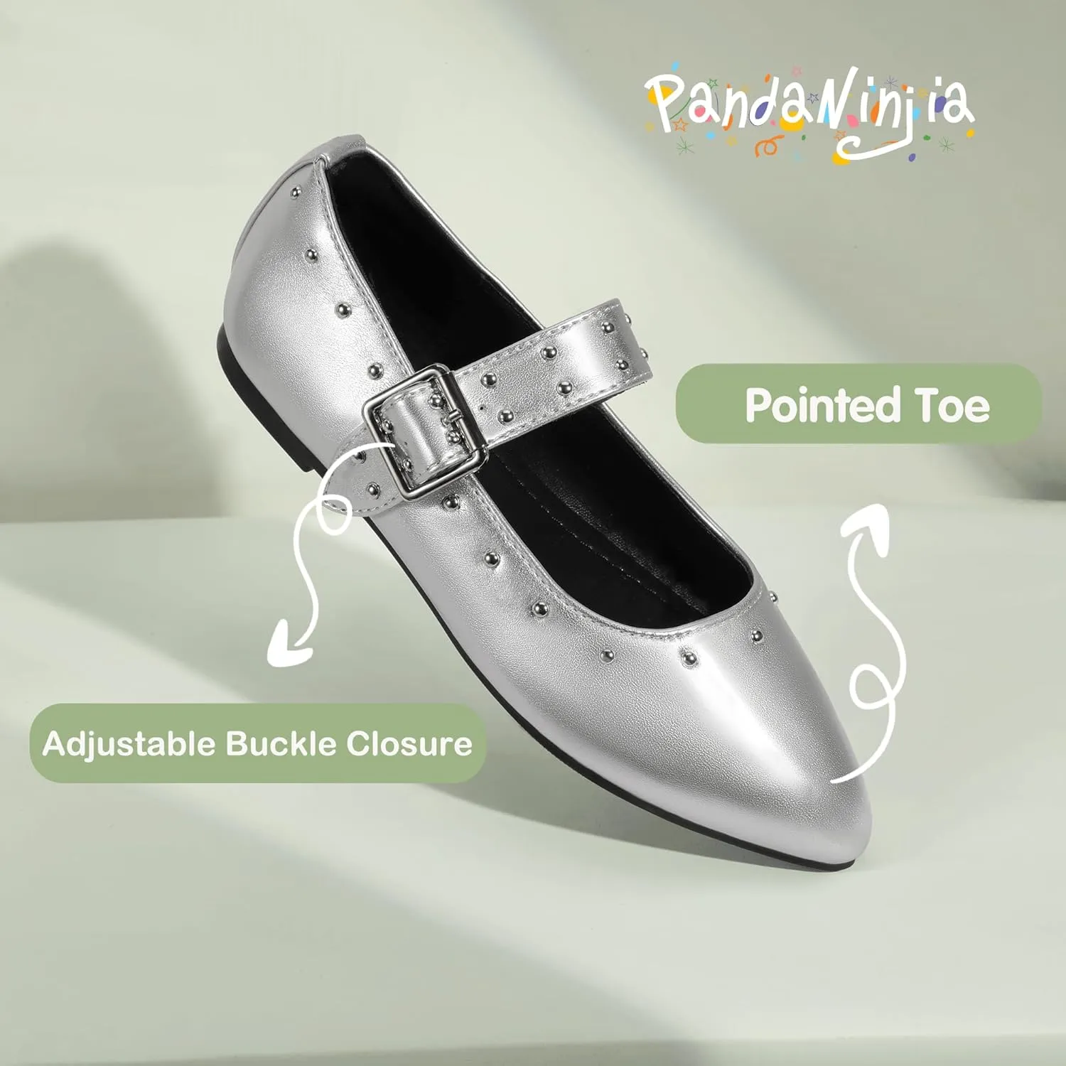 PANDANINJIA Girls Dress Shoes Studded Mary Jane Ballet Flats for Girl Pointed Toe Little Big Kid Flower Girl Party Formal Wedding Shoes