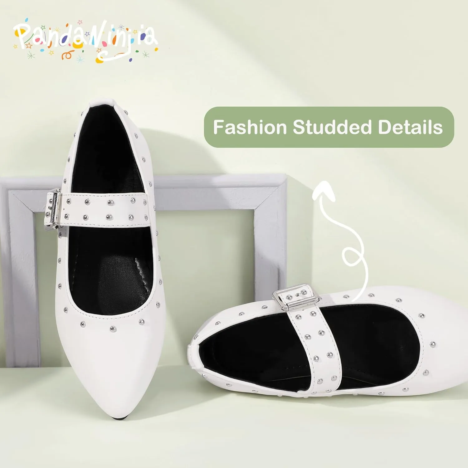 PANDANINJIA Girls Dress Shoes Studded Mary Jane Ballet Flats for Girl Pointed Toe Little Big Kid Flower Girl Party Formal Wedding Shoes