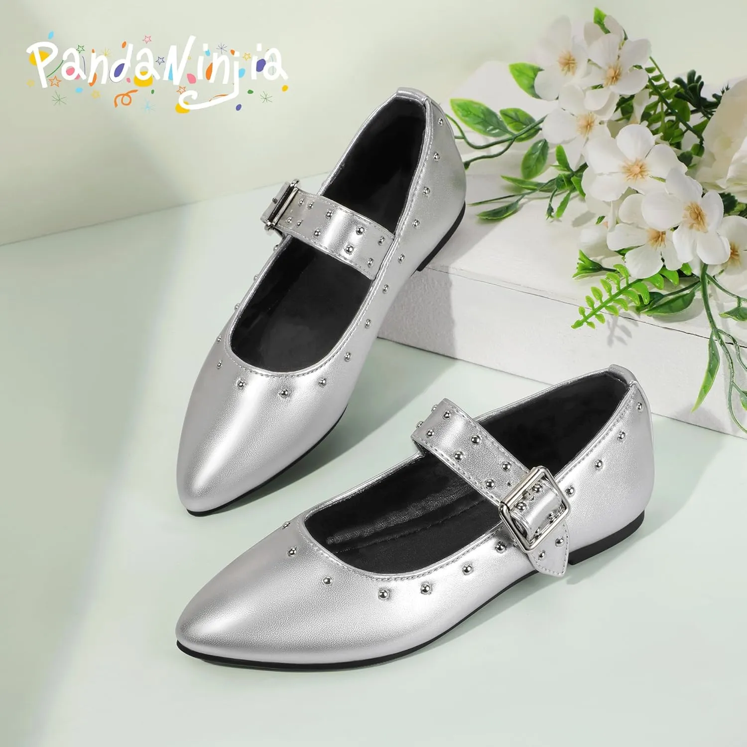 PANDANINJIA Girls Dress Shoes Studded Mary Jane Ballet Flats for Girl Pointed Toe Little Big Kid Flower Girl Party Formal Wedding Shoes