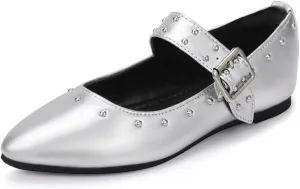 PANDANINJIA Girls Dress Shoes Studded Mary Jane Ballet Flats for Girl Pointed Toe Little Big Kid Flower Girl Party Formal Wedding Shoes