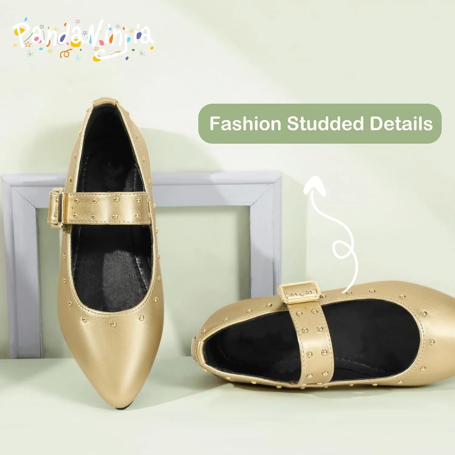 PANDANINJIA Girls Dress Shoes Studded Mary Jane Ballet Flats for Girl Pointed Toe Little Big Kid Flower Girl Party Formal Wedding Shoes