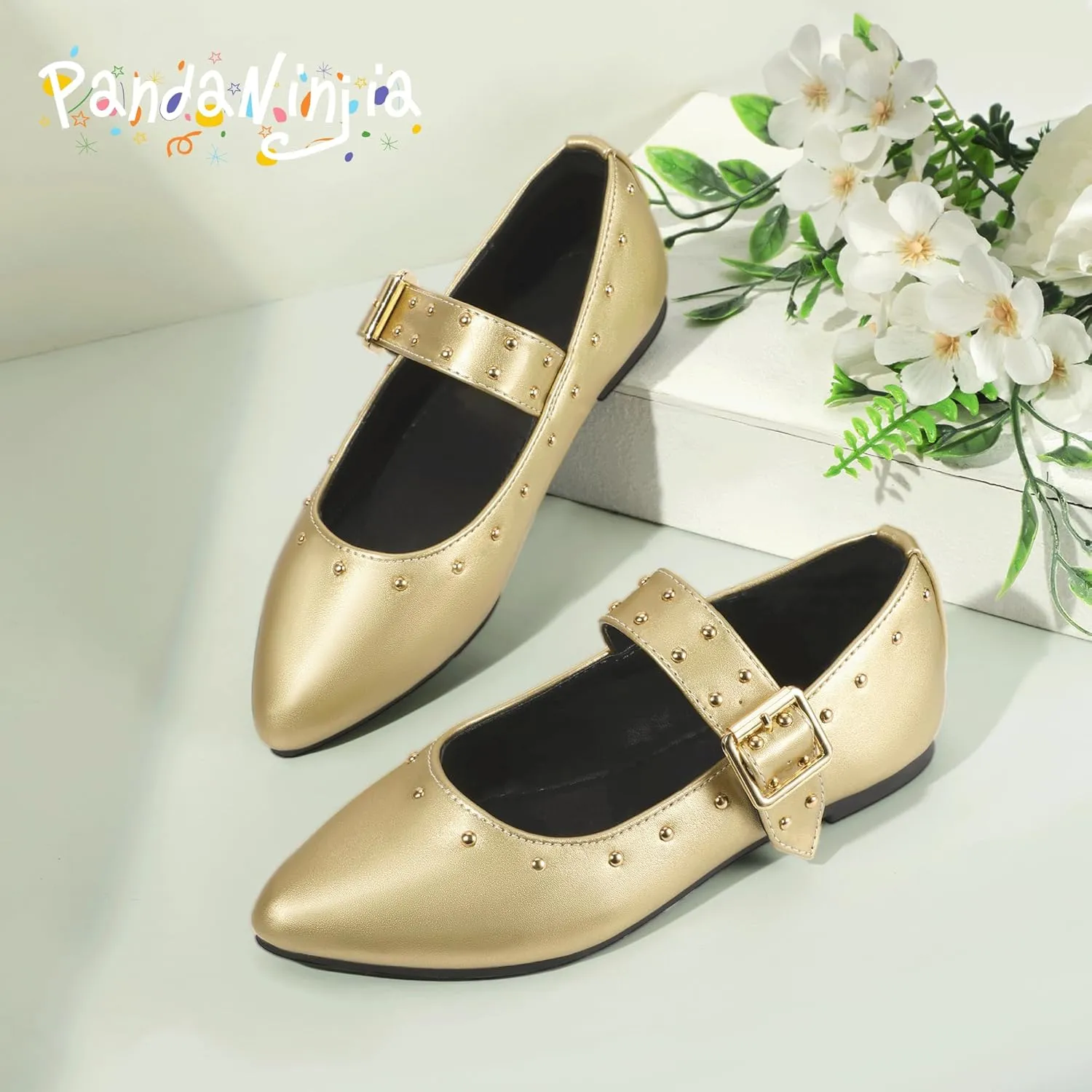 PANDANINJIA Girls Dress Shoes Studded Mary Jane Ballet Flats for Girl Pointed Toe Little Big Kid Flower Girl Party Formal Wedding Shoes