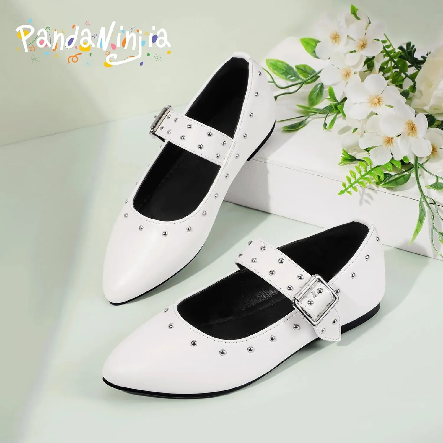 PANDANINJIA Girls Dress Shoes Studded Mary Jane Ballet Flats for Girl Pointed Toe Little Big Kid Flower Girl Party Formal Wedding Shoes