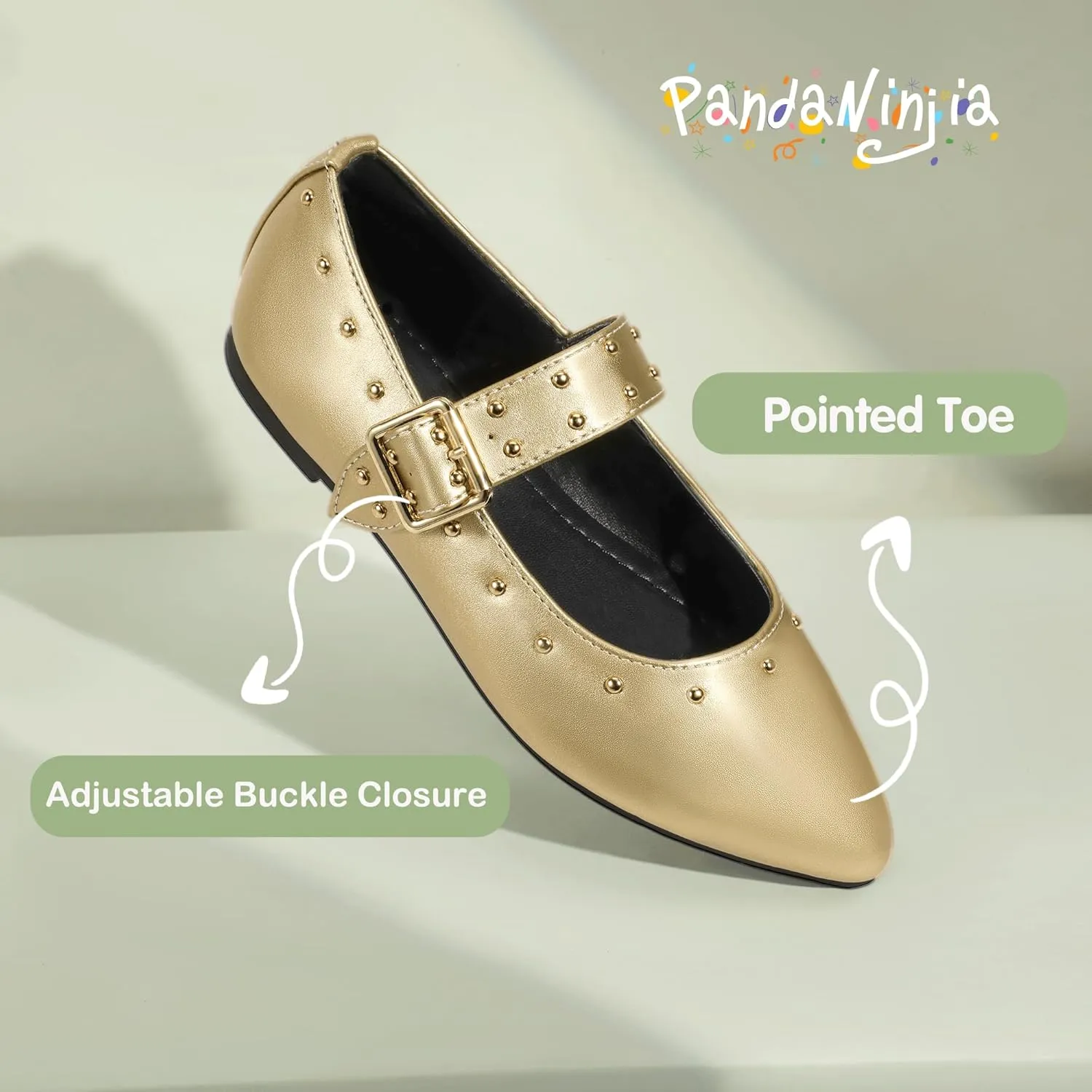 PANDANINJIA Girls Dress Shoes Studded Mary Jane Ballet Flats for Girl Pointed Toe Little Big Kid Flower Girl Party Formal Wedding Shoes