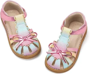 PANDANINJIA Toddler Girls Sandals Closed Toe T-Strap Kids Dress Summer Flats Sandals Cute Bow Flower Girl Shoes