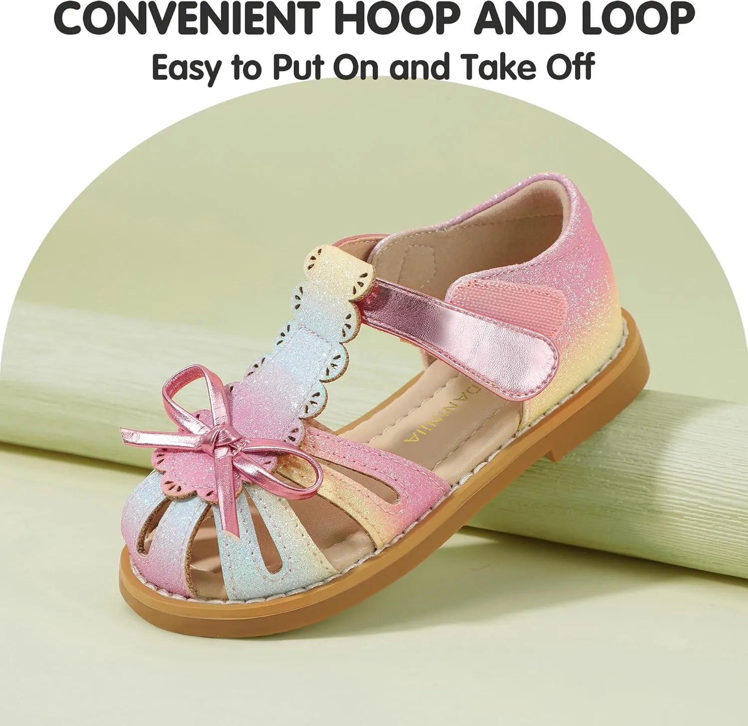 PANDANINJIA Toddler Girls Sandals Closed Toe T-Strap Kids Dress Summer Flats Sandals Cute Bow Flower Girl Shoes
