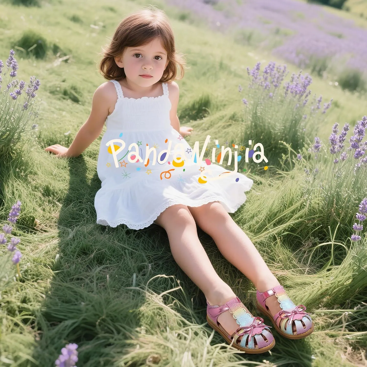 PANDANINJIA Toddler Girls Sandals Closed Toe T-Strap Kids Dress Summer Flats Sandals Cute Bow Flower Girl Shoes