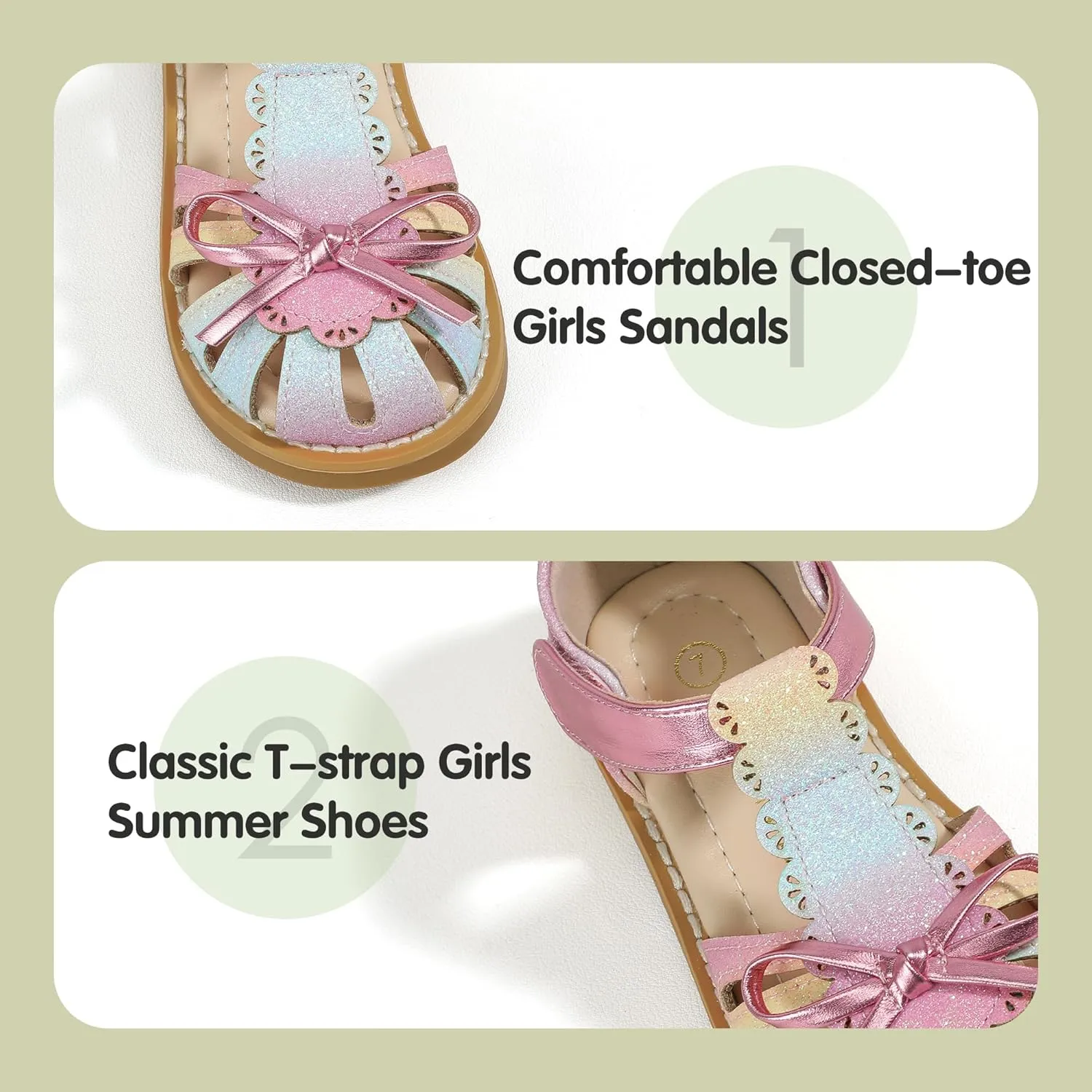 PANDANINJIA Toddler Girls Sandals Closed Toe T-Strap Kids Dress Summer Flats Sandals Cute Bow Flower Girl Shoes