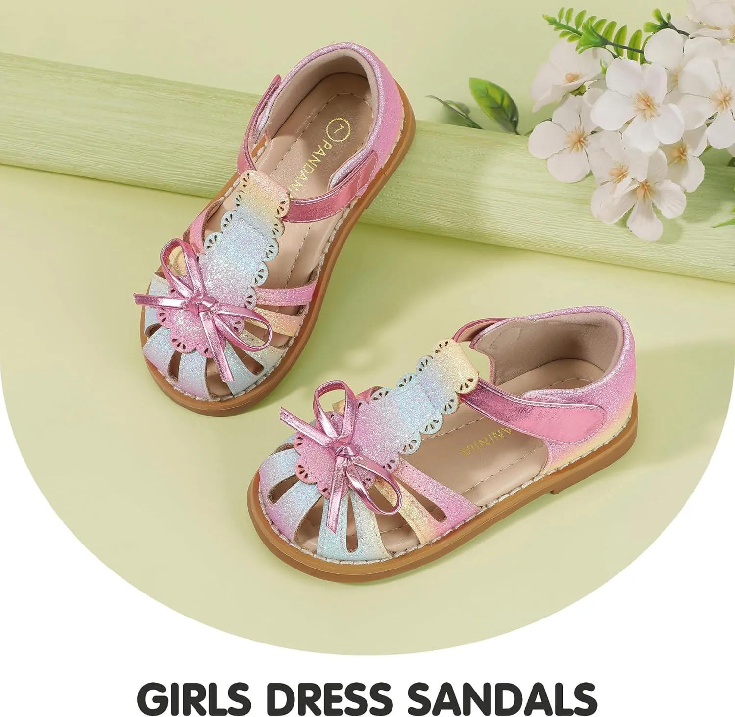 PANDANINJIA Toddler Girls Sandals Closed Toe T-Strap Kids Dress Summer Flats Sandals Cute Bow Flower Girl Shoes