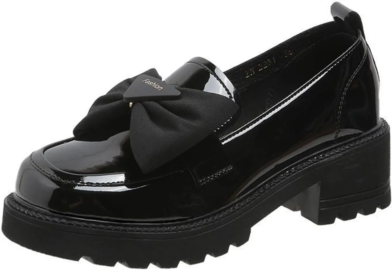 Patent Leather Loafers for Women Slip-On Platform Chunky Heel Bow Loafers Dress Oxfords Shoes Casual Business Work Shoes (Black,4.5)