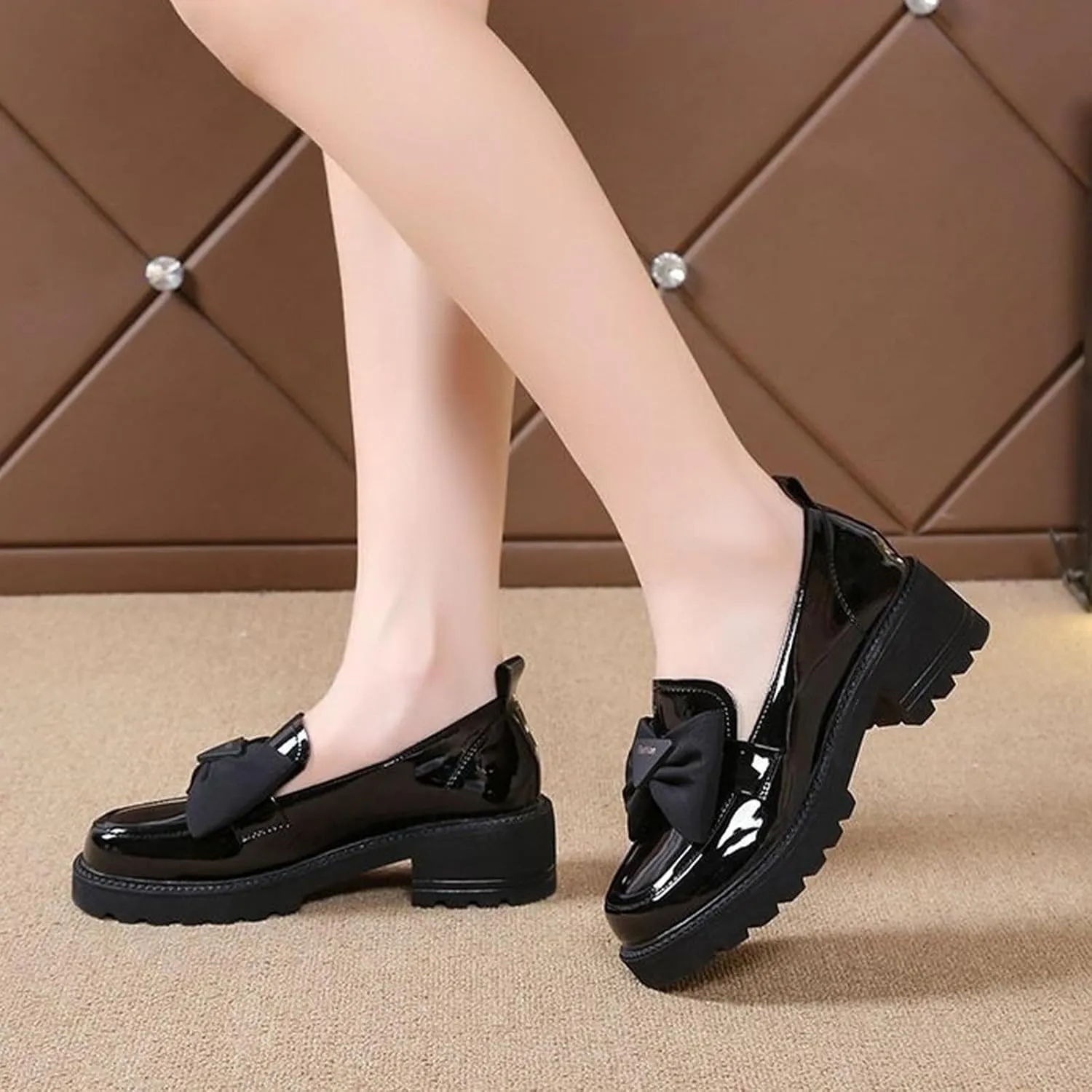 Patent Leather Loafers for Women Slip-On Platform Chunky Heel Bow Loafers Dress Oxfords Shoes Casual Business Work Shoes (Black,4.5)