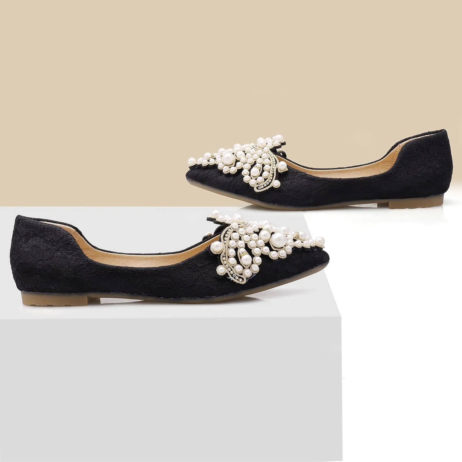 Pearl Decoration Women's Flat Bottom Pointed Toe One Step Shoes