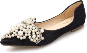 Pearl Decoration Women's Flat Bottom Pointed Toe One Step Shoes