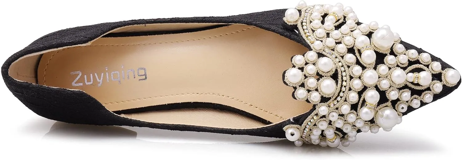 Pearl Decoration Women's Flat Bottom Pointed Toe One Step Shoes