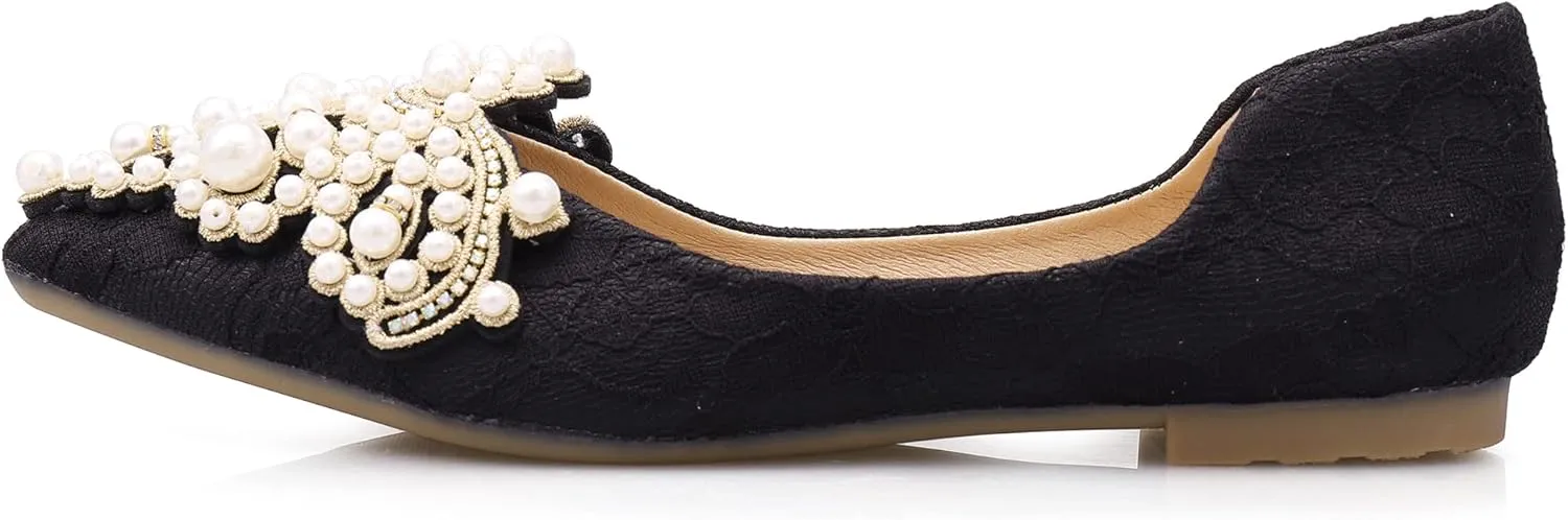 Pearl Decoration Women's Flat Bottom Pointed Toe One Step Shoes