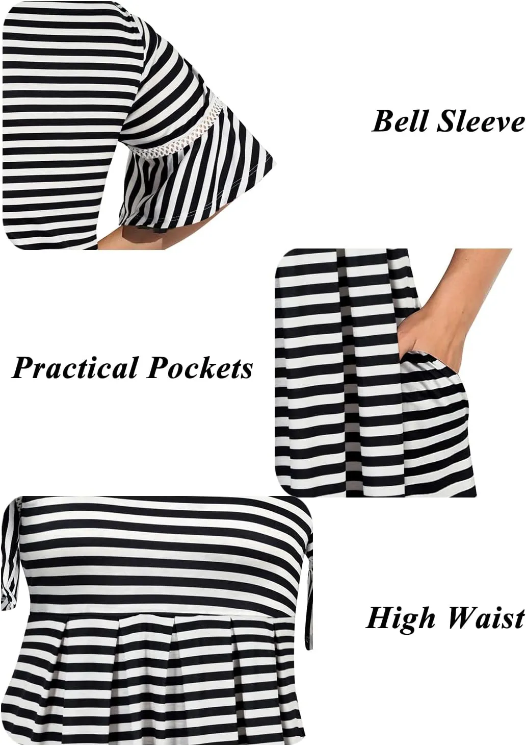 Pinup Fashion Women's Plus Size Bell Sleeve Round Neck Casual Summer Knit Babydoll Swing Sundress Pockets