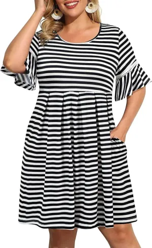 Pinup Fashion Women's Plus Size Bell Sleeve Round Neck Casual Summer Knit Babydoll Swing Sundress Pockets