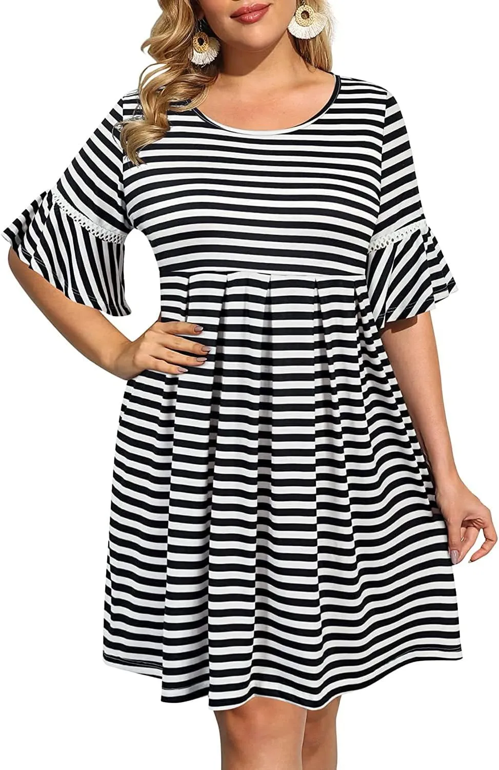 Pinup Fashion Women's Plus Size Bell Sleeve Round Neck Casual Summer Knit Babydoll Swing Sundress Pockets